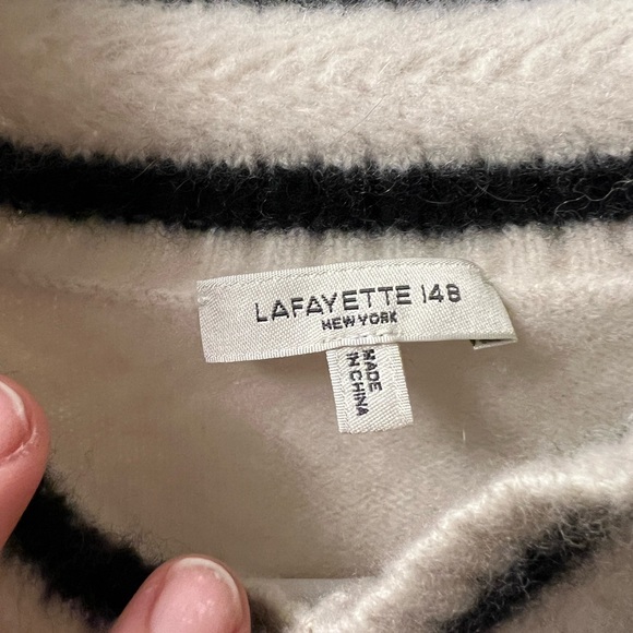 Lafayette 148 New York V-Neck Sweater - Cream with Black Trim - Picture 3 of 9